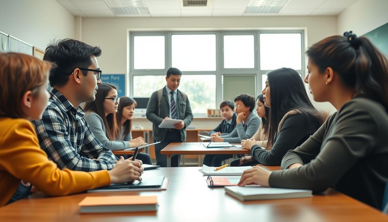 Students studying together in modern classroom